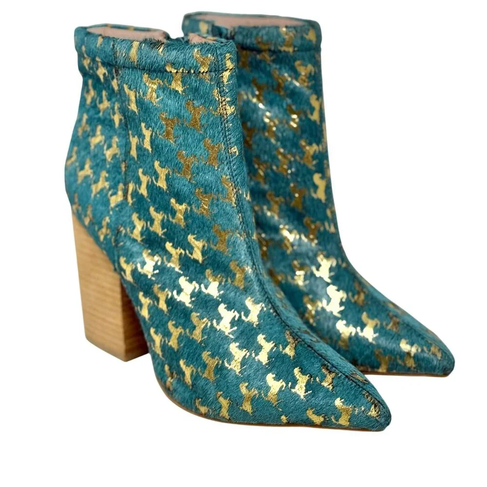 Jeffery Campbell Handmade Teal &‎ Gold Horse Houndstooth Ankle Boots 8.5M